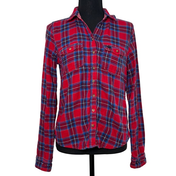 Abercrombie & Fitch Tops - Abercrombie Fitch Flannel Women Medium‎ Red Blue Plaid Christmas Pocket Y2K